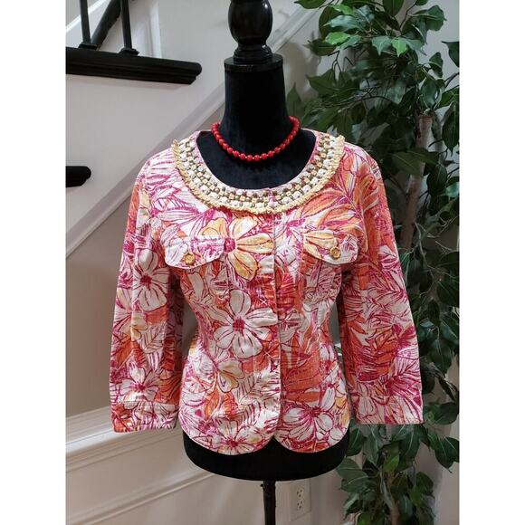 Ruby Rd. Women's Multi Floral Island Leaves Beads Cotton Blazer Jacket Size 14 - Picture 1 of 11